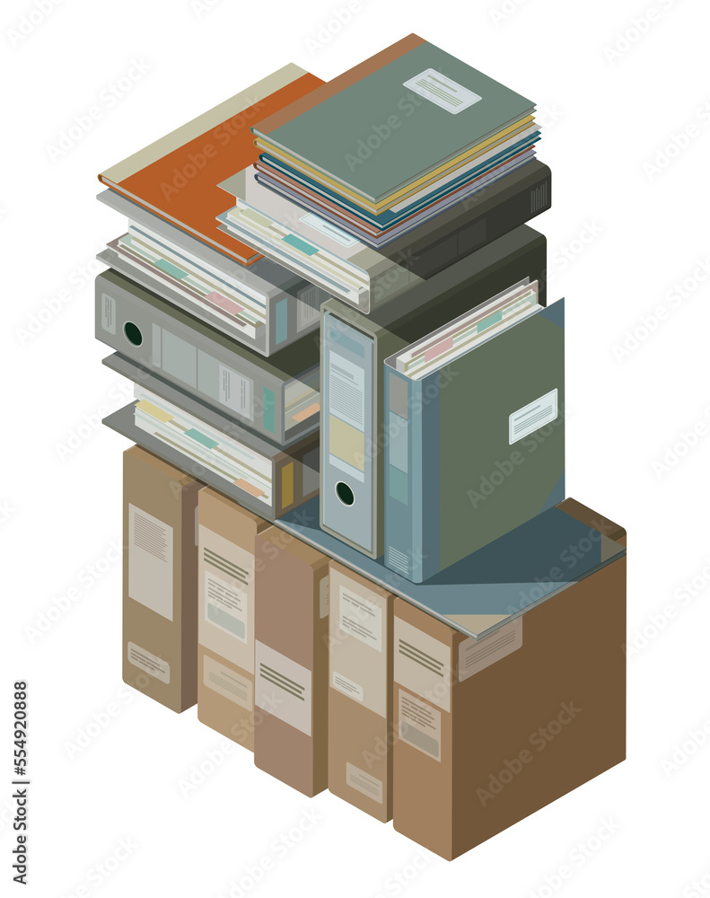 Pile of office paperwork and ring binders, isometric objects Pile of office paperwork and ring binders, isometric objects