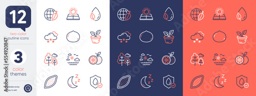 Set of Travel sea, Environment day and Waterproof line icons. Include Leaves, Sun energy, Leaf dew icons. Snow weather, Cocoa nut, Macadamia nut web elements. Moon, Orange, Tree. Vector