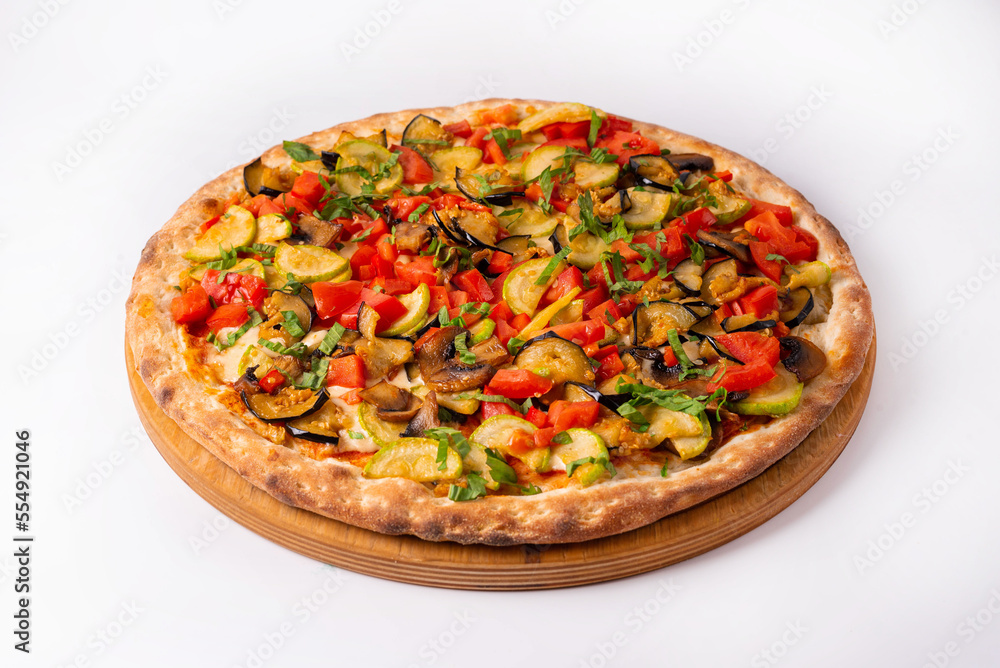 pizza with eggplant and vegetables. on a white background