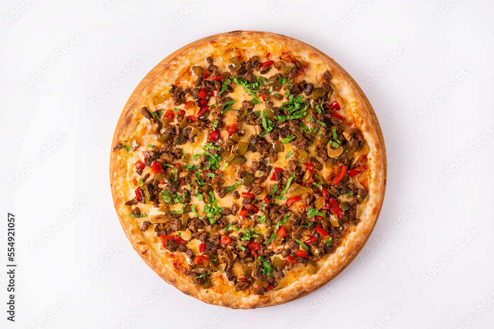 pizza with minced meat, mushrooms, vegetables. on a white background