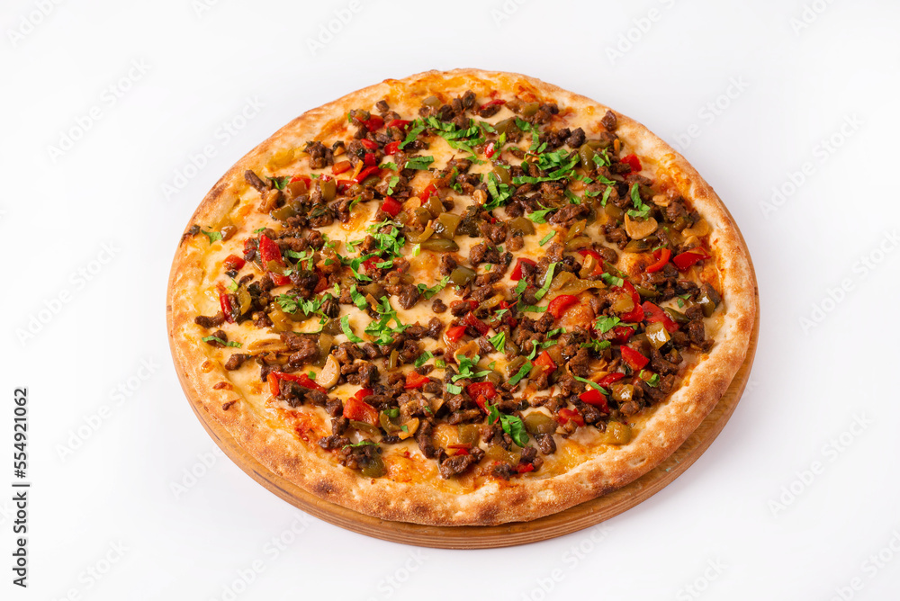 pizza with minced meat, mushrooms, vegetables. on a white background