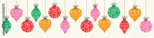 Hand drawn Christmas balls. Design of a panoramic header. Vector illustration