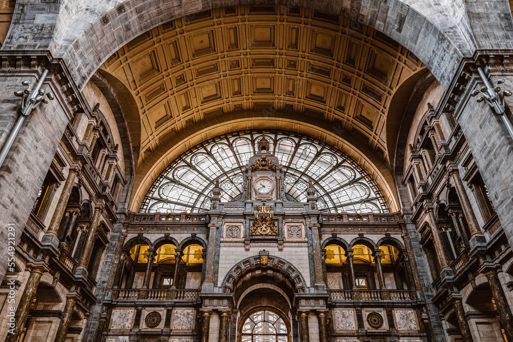 Antwerp railway station, Belgium. Victorian interior design of Antwerp Central Station, symmetry.
