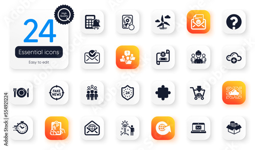 Set of Business flat icons. Web mail, Cogwheel blueprint and World globe elements for web application. 24 hours, Approved mail, Cloud computing icons. Teamwork question, Money box. Vector