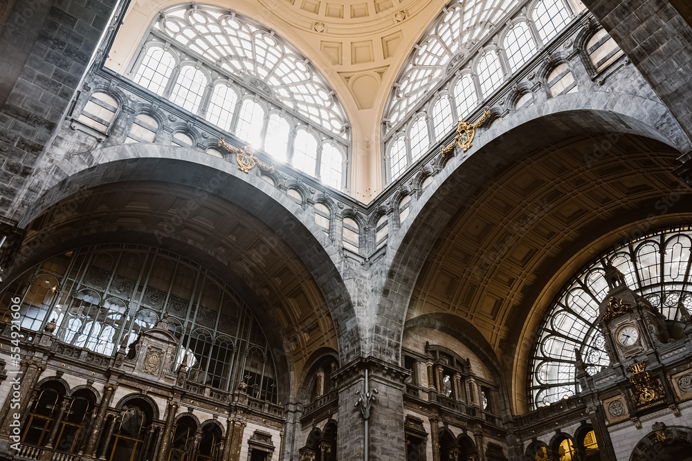 Antwerp railway station, Belgium. Victorian interior design of Antwerp Central Station.