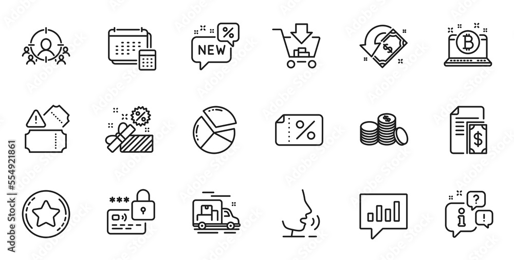 Outline set of Banking money, Pie chart and Bitcoin line icons for web application. Talk, information, delivery truck outline icon. Include Lock, New, Account icons. Vector