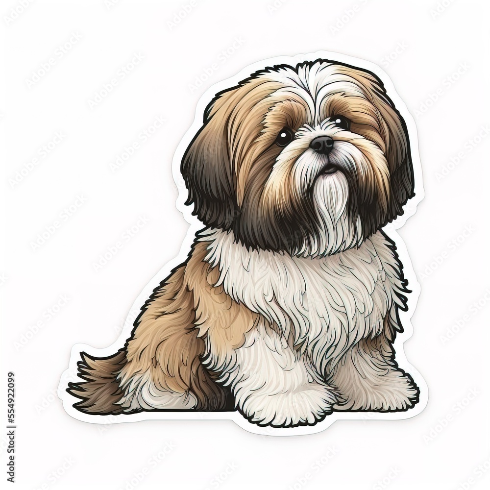 a brown and white dog sitting on top of a white background with a white ...