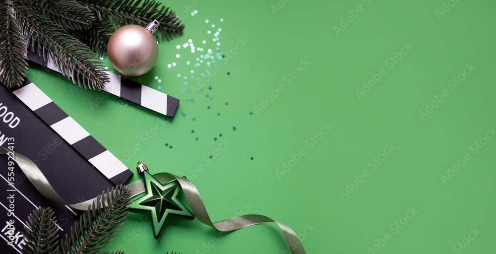 christmas movie night concept. New Year's decorations, film reel