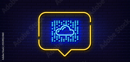 Neon light speech bubble. Cloud computing system line icon. Internet data storage sign. File hosting technology symbol. Neon light background. Cloud system glow line. Brick wall banner. Vector