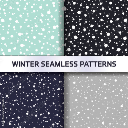 Set of snowfall seamless pattern. Winter holidays with falling snow repeat design. CMYK color mode ready to print.