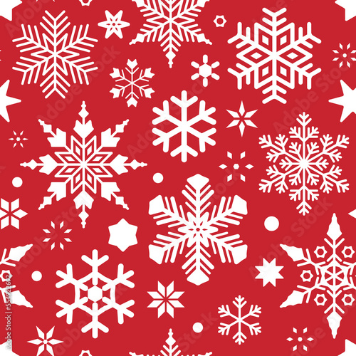 Snowflakes seamless pattern. Winter holidays with white snowflake on red background. CMYK color mode ready to print.