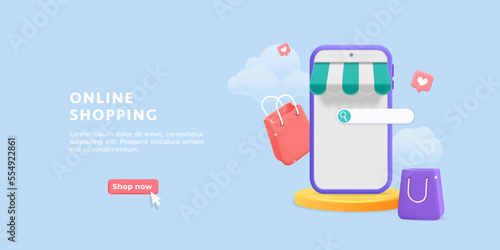 3d vector website landing page template for online shopping sale smartphone with shop awning on yellow podium bags