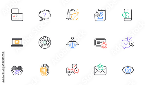 Court judge, Question mark and Certificate line icons for website, printing. Collection of Fingerprint, Fake news, E-mail icons. Online voting, Business vision, Card web elements. Vector