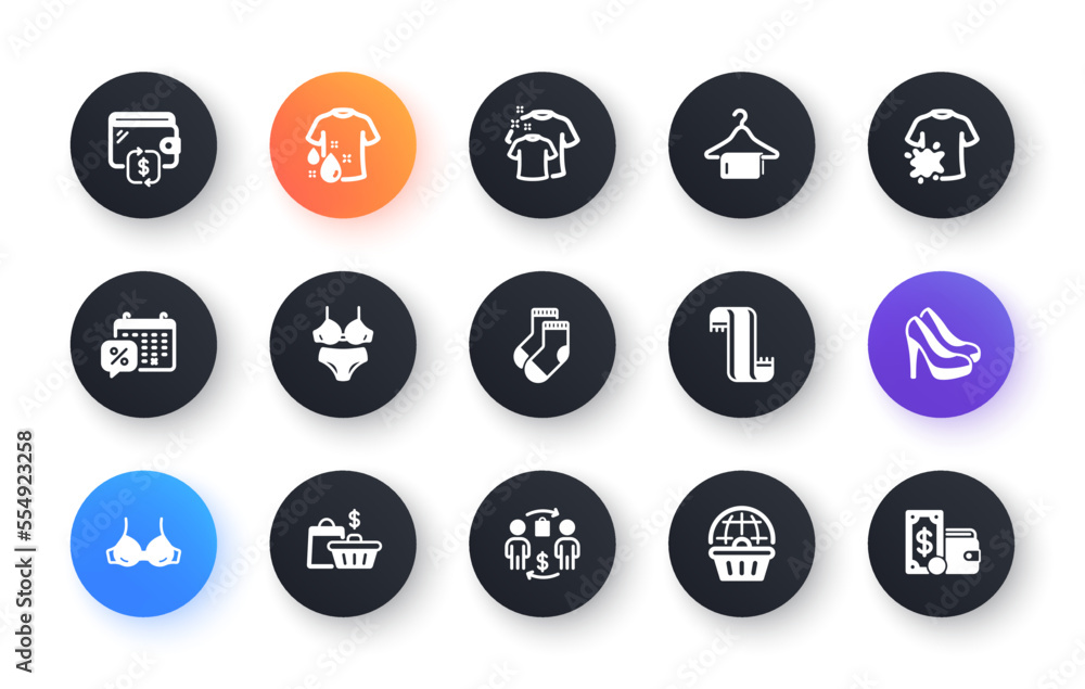 Minimal set of Socks, Wallet and Clean towel flat icons for web development. Dirty t-shirt, Discounts calendar, Clean t-shirt icons. Sale bags, Buying process, Shoes web elements. Scarf. Vector Minimal set of Socks, Wallet and Clean towel flat icons for web development. Dirty t-shirt, Discounts calendar, Clean t-shirt icons. Sale bags, Buying process, Shoes web elements. Scarf. Vector