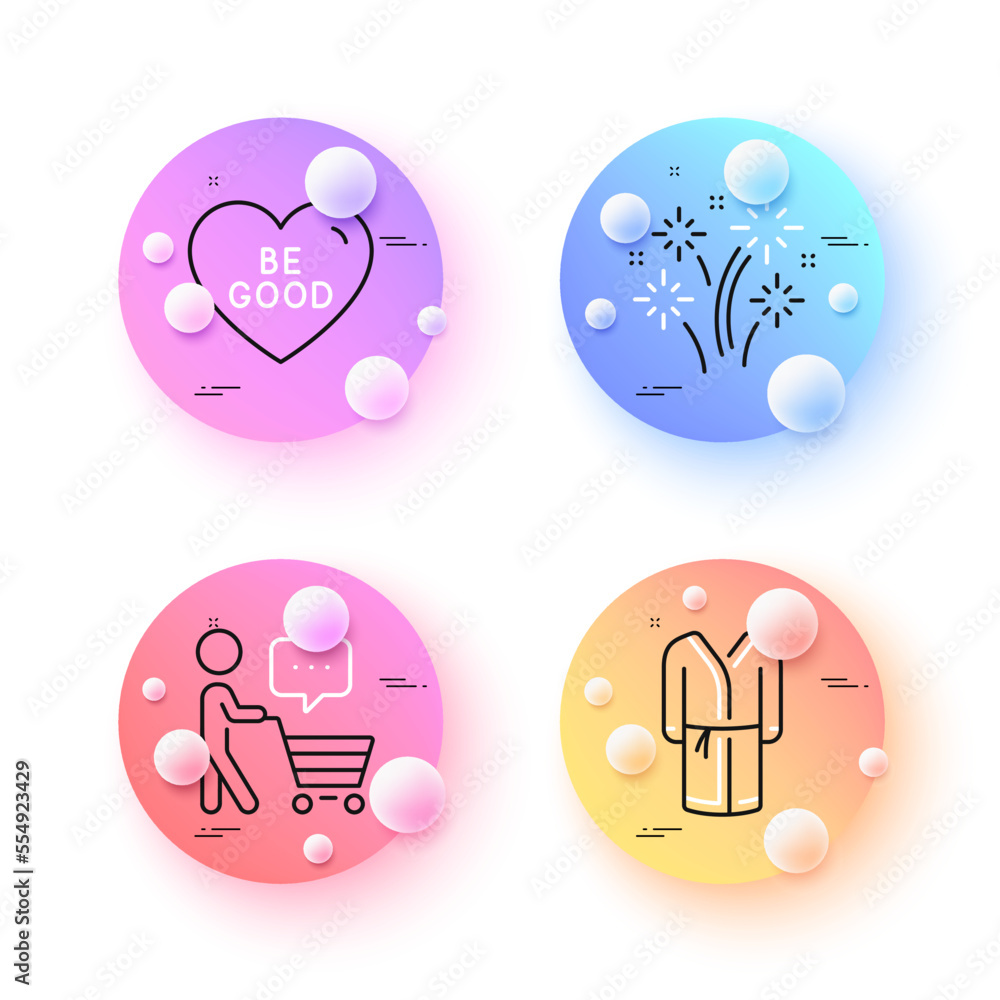 Fireworks, Buyer think and Bathrobe minimal line icons. 3d spheres or balls buttons. Be good icons. For web, application, printing. Pyrotechnic salute, Shopping cart, Bath housecoat. Vector Fireworks, Buyer think and Bathrobe minimal line icons. 3d spheres or balls buttons. Be good icons. For web, application, printing. Pyrotechnic salute, Shopping cart, Bath housecoat. Vector