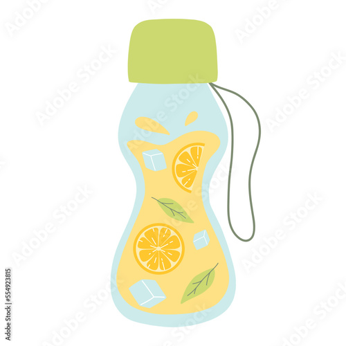 Bottle with lemonade. Cool lemonade with pieces of lemon, mint and ice. Vector illustration isolated on white background. Flat style.