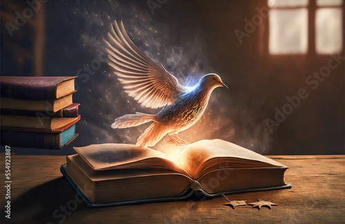 A dove, symbol of peace, hovers over an open book of magic, revealing a mystical library full of history. © XaMaps