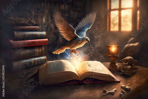 Illustration of a dove, symbol of peace, hovering over a magical book in an ancient library. A perfect image to represent serenity and mystery. © XaMaps