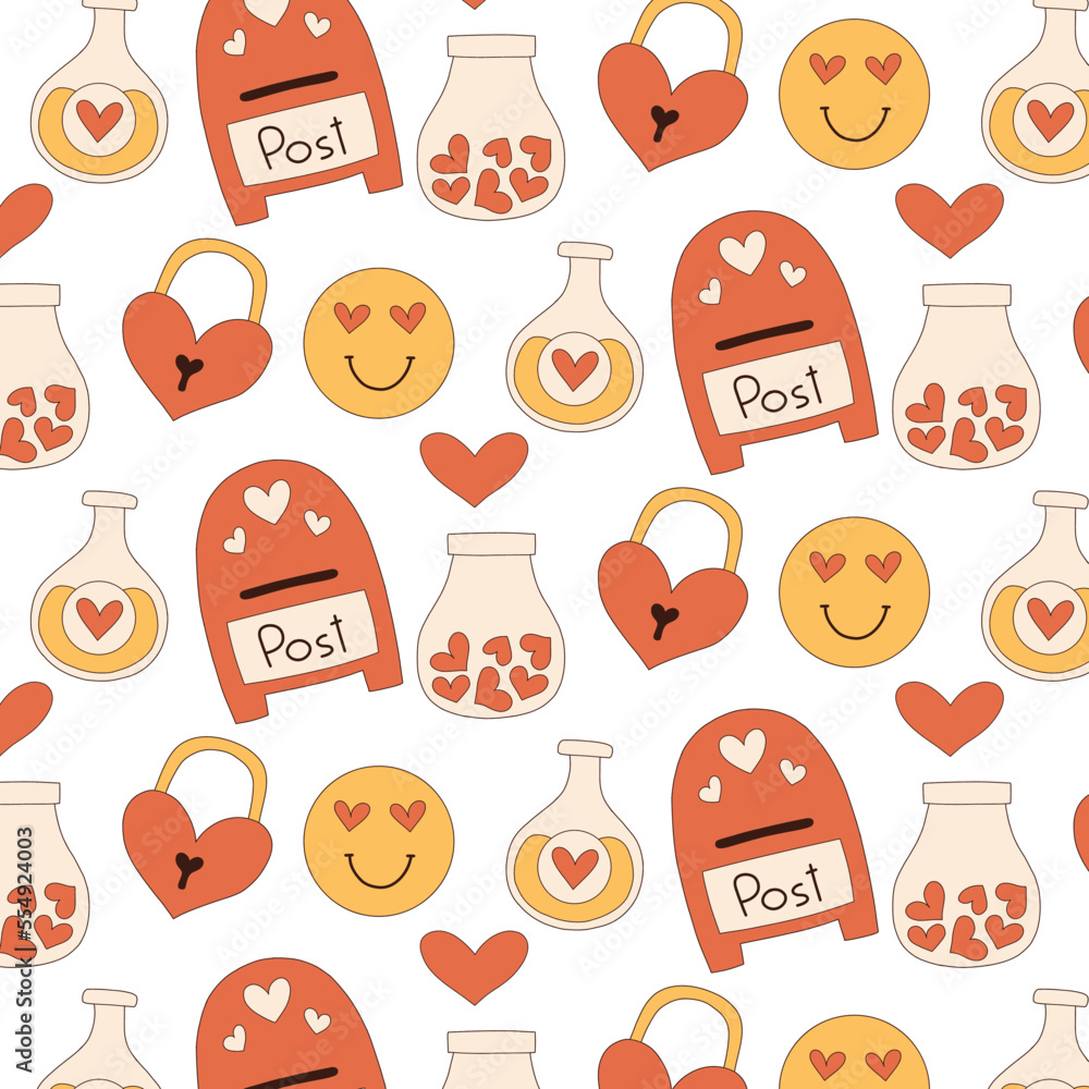 Seamless retro pattern for valentines day. Groovy pattern in retro 70s. Vector illustration.