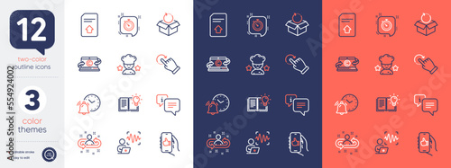 Set of Return package, Timer and Recruitment line icons. Include Copywriting notebook, Rotation gesture, Upload file icons. Alarm clock, Info, Product knowledge web elements. Like app. Vector