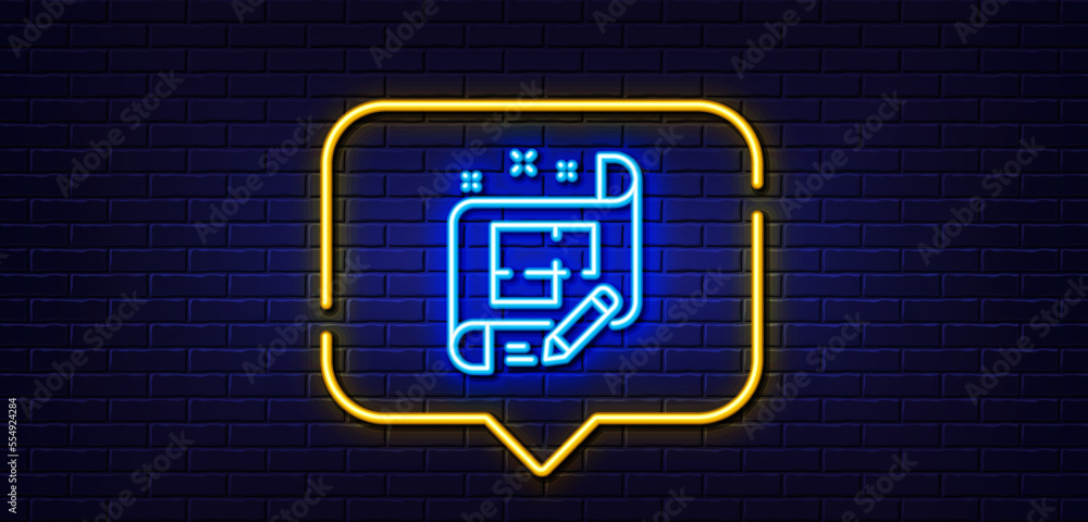 Neon light speech bubble. Architect line icon. Engineering plan sign. Edit project document. Neon light background. Architect plan glow line. Brick wall banner. Vector Neon light speech bubble. Architect line icon. Engineering plan sign. Edit project document. Neon light background. Architect plan glow line. Brick wall banner. Vector