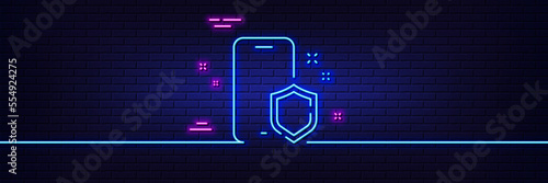 Neon light glow effect. Phone protect line icon. Smartphone shield sign. Safe cellphone symbol. 3d line neon glow icon. Brick wall banner. Phone protect outline. Vector