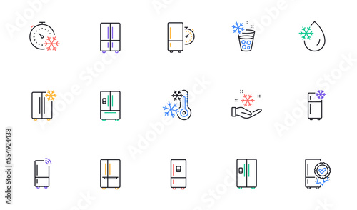 Fridge line icons set. Refrigerator, freezer storage, smart fridge machine. Cooler box, water with ice, thermometer icons. Wi-fi remote access, thermostat timer, smart freezer. Vector