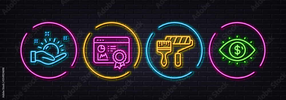 Sunny weather, Seo certificate and Paint roller minimal line icons. Neon laser 3d lights. Business vision icons. For web, application, printing. Hold sun, Statistics, Painter brush. Vector