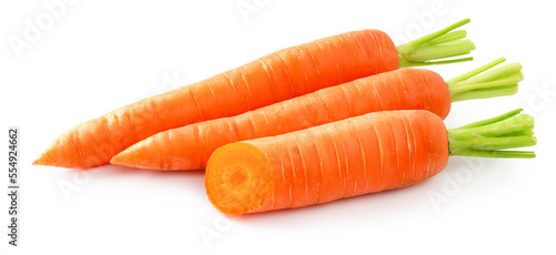 Fresh carrot isolated. Two whole carrots and half of carrot on white background. photo