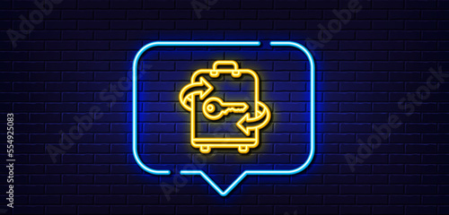 Neon light speech bubble. Luggage room line icon. Baggage Locker sign. Travel service symbol. Neon light background. Luggage glow line. Brick wall banner. Vector