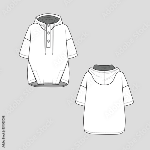 Button panel Placket front slit Hoodie sweatshirt Elbow sleeve drawstring high low dip hem cad flat sketch technical drawing template