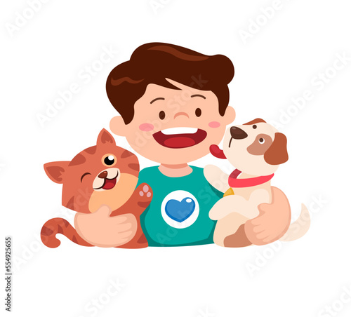 Boy with pet kitten and puppy animal lover symbol character mascot cartoon illustration vector