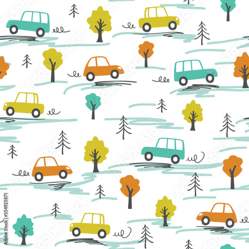 Children seamless pattern with cars and trees in hand drawn flat style. Endless fun cartoon kids ornament for fabric and fashion textile pint. Vector background.