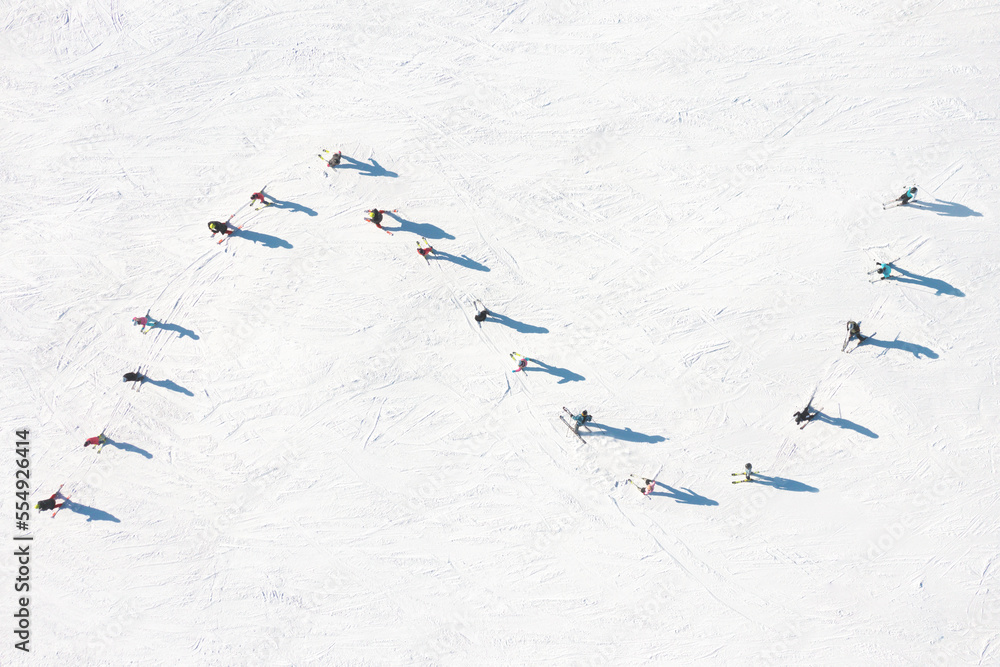 Ski resort. An aerial view of the ski team. Winter sports. Snow slope ...