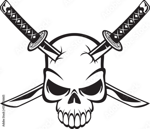 Two katana samurai swords piercing a human skull