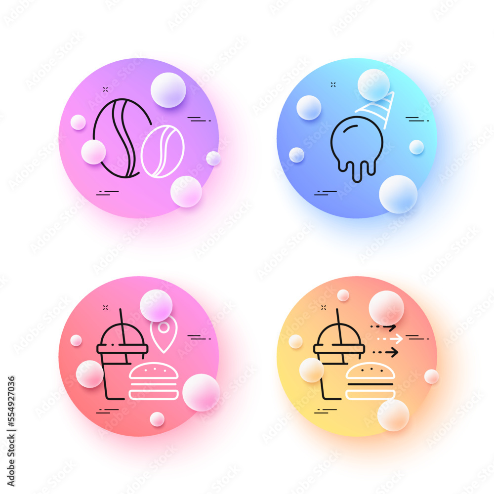 Coffee beans, Ice cream and Food delivery minimal line icons. 3d spheres or balls buttons. Fast food icons. For web, application, printing. Whole bean, Sundae cone, Burger with soft drink. Vector Coffee beans, Ice cream and Food delivery minimal line icons. 3d spheres or balls buttons. Fast food icons. For web, application, printing. Whole bean, Sundae cone, Burger with soft drink. Vector