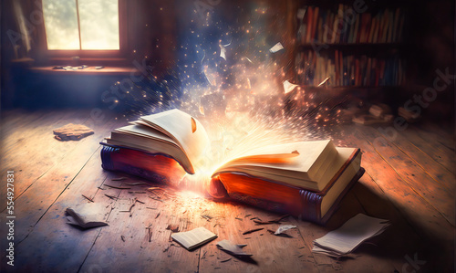 An ancient spellbook with magical sparks and smoky fumes rising from it, surrounded by an ancient and fantastical library atmosphere. Perfect for conjuring up a mythical mood.