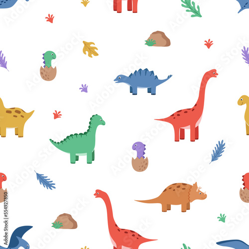 Fototapeta Naklejka Na Ścianę i Meble -  Seamless pattern of cartoon dinosaurs. Vector illustration, kids background or wallpaper.