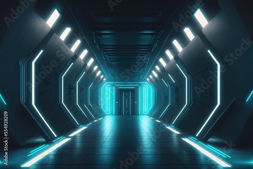 Sci-fi neon illuminated corridor Generative AI