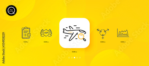 Vip security, Genders and Search flight minimal line icons. Yellow abstract background. Trade chart, Reject checklist icons. For web, application, printing. Vector
