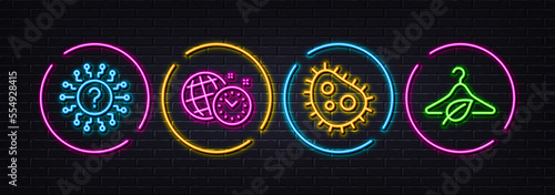 Question mark, Time management and Bacteria minimal line icons. Neon laser 3d lights. Slow fashion icons. For web, application, printing. Quiz chat, World clock, Antibacterial. Eco tested. Vector