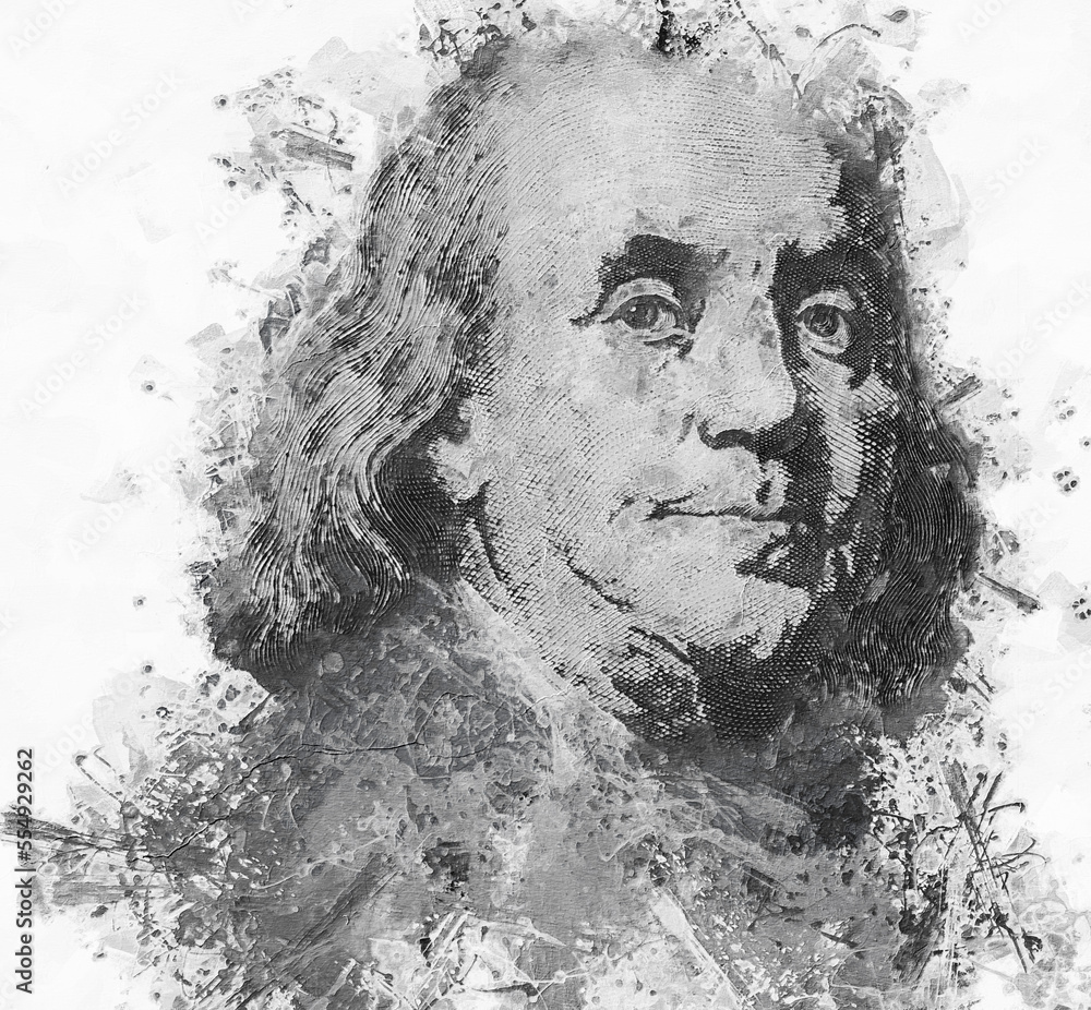 Painting Benjamin Franklin face on us one hundred dollar bill macro isolated, united states money closeup Painting Benjamin Franklin face on us one hundred dollar bill macro isolated, united states money closeup