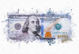 Painting Benjamin Franklin face on us one hundred dollar bill macro isolated, united states money closeup
