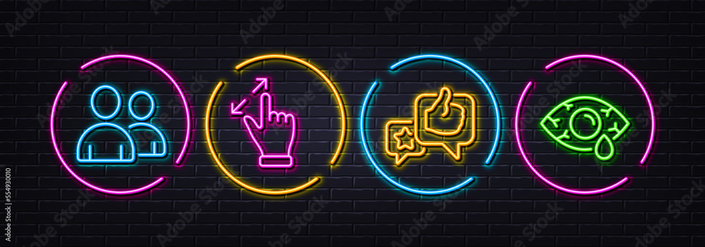 Users, Like and Touchscreen gesture minimal line icons. Neon laser 3d lights. Сonjunctivitis eye icons. For web, application, printing. Couple of people, Star rating, Zoom in. Vector Users, Like and Touchscreen gesture minimal line icons. Neon laser 3d lights. Сonjunctivitis eye icons. For web, application, printing. Couple of people, Star rating, Zoom in. Vector
