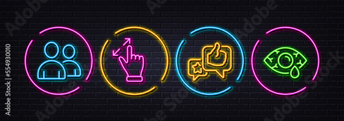 Users, Like and Touchscreen gesture minimal line icons. Neon laser 3d lights. Ð¡onjunctivitis eye icons. For web, application, printing. Couple of people, Star rating, Zoom in. Vector