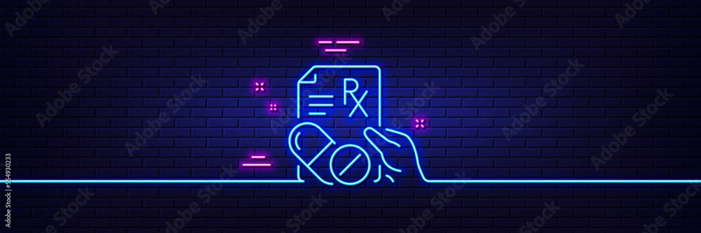 Neon light glow effect. Prescription Rx recipe line icon. Medicine drugs pills sign. 3d line neon glow icon. Brick wall banner. Prescription drugs outline. Vector Neon light glow effect. Prescription Rx recipe line icon. Medicine drugs pills sign. 3d line neon glow icon. Brick wall banner. Prescription drugs outline. Vector
