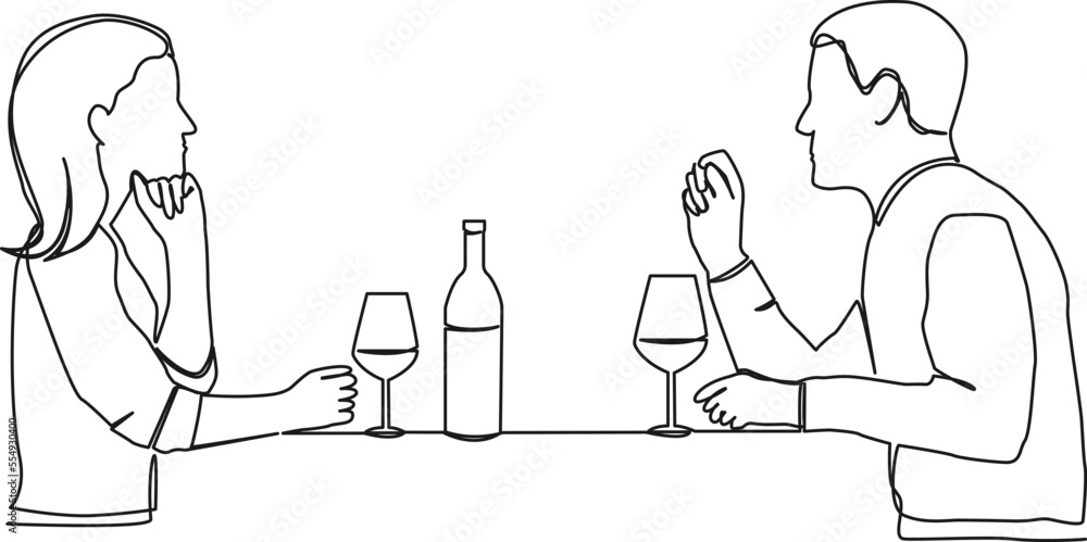 continuous single line drawing of couple sitting at dinner table drinking wine, line art vector illustration