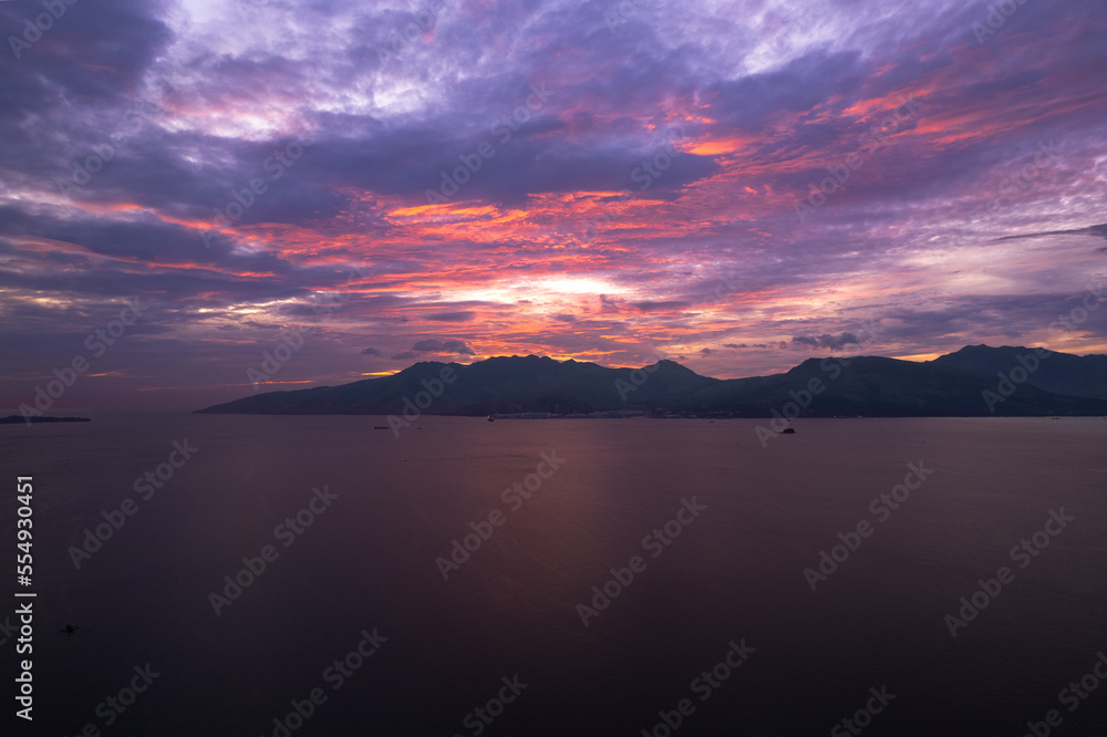 Aerial shot of a sunset over Subic Bay in the Philippines