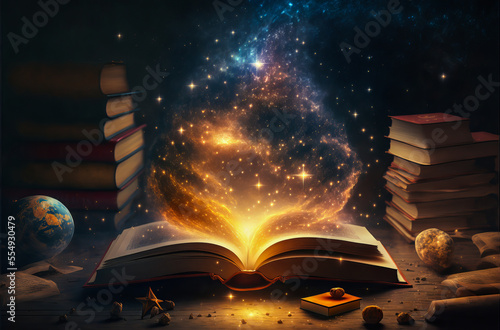 Stars and a nebula are visible above an ancient and mystical book in an old library. A fantastic scene that explores the confines of the universe.