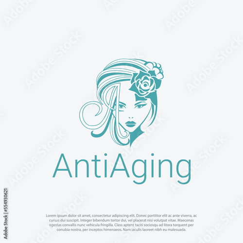 Beauty salon, cosmetics, spa logo. Beautiful elegant woman silhouette with ornamental hair, anti aging with letter A in woman or girl face for Anti aging
